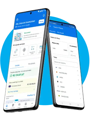 Dois celulares demostram o App Cielo Gestão, um está na tela inicial do App com o total de vendas e outro na tela de taxas e planos.
