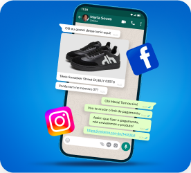 Celular com cliente comprando tênis pelo Link de Pagamento e ao lado logos das redes sociais Instagram e Facebook.