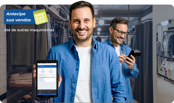 Empreendedor em loja de roupa exibe tablet com a antecipação de recebíveis online da Cielo.