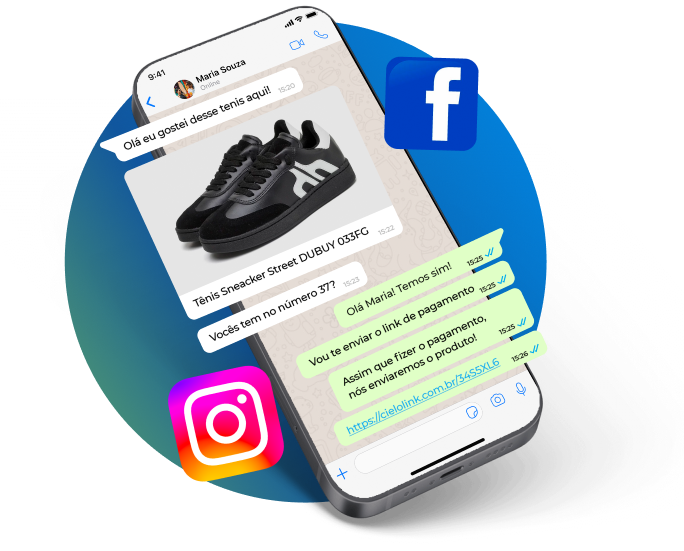 Celular com cliente comprando tênis pelo Link de Pagamento e ao lado logos das redes sociais Instagram e Facebook.