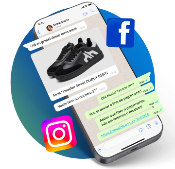 Celular com cliente comprando tênis pelo Link de Pagamento e ao lado logos das redes sociais Instagram e Facebook.