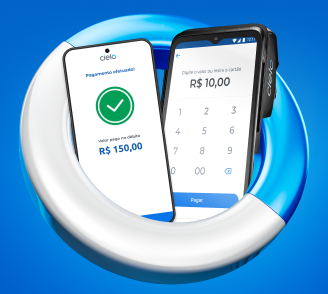 Maquininha de cartão ao lado de celular com Cielo Tap.
