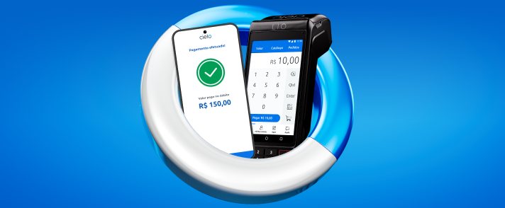 Maquininha de cartão ao lado de celular com Cielo Tap.