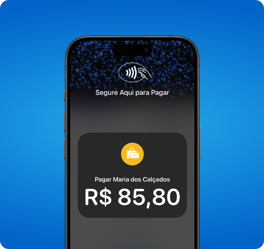 Tap to Pay no iPhone exibe valor de R$ 85,80 e acima o símbolo de pagamento por aproximação.