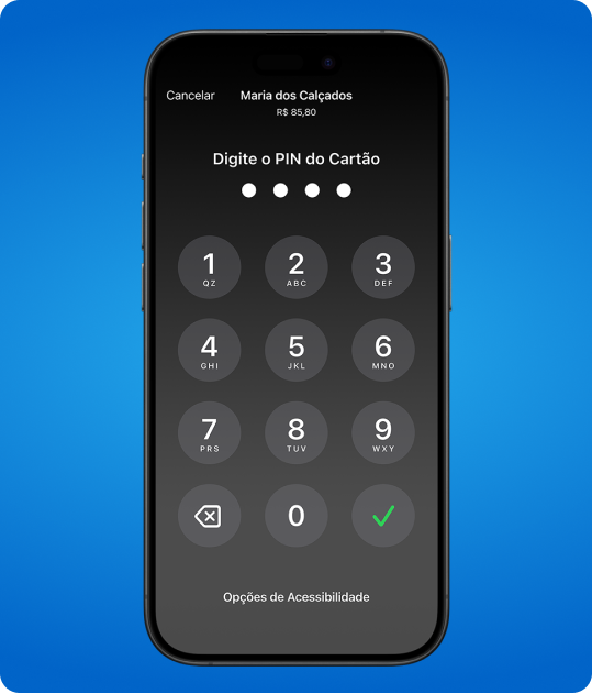 Tap to Pay no iPhone mostra tela para digitar a senha do cartão e proteger as transações que exigem autenticação.