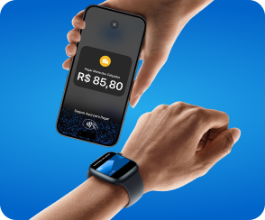 Smartwatch fazendo pagamento por aproximação pelo Tap to Pay no iPhone.